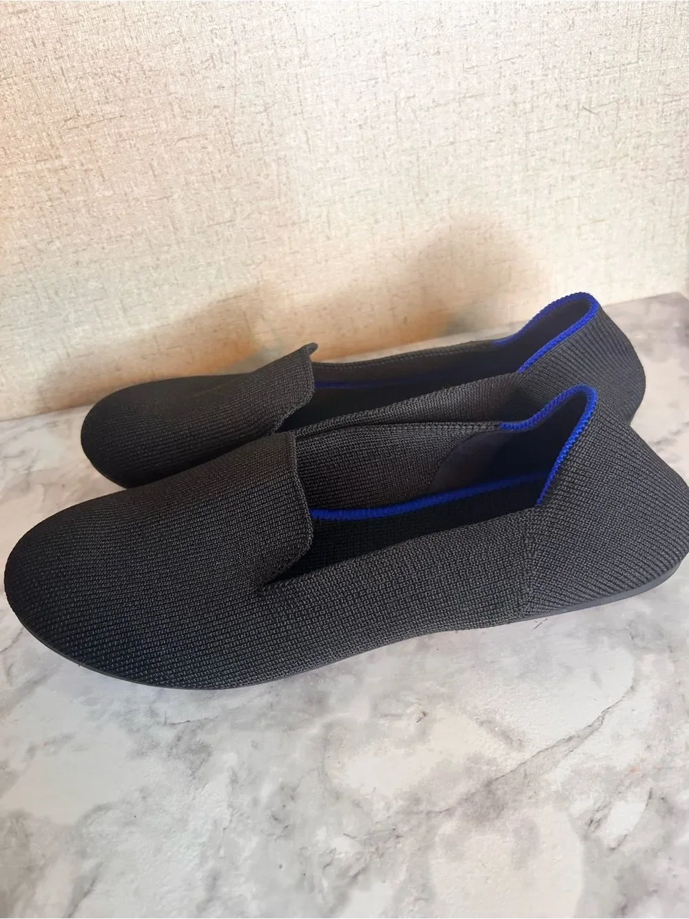 Rothy's Black Knit Slip-On Flats with Blue Trim Girl Size 4